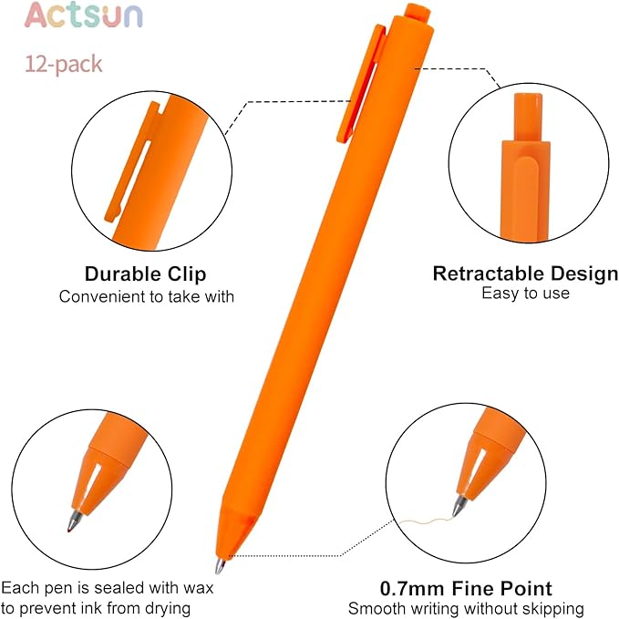 Colored Gel Pens, 12 Pcs Retractable Pastel Ink Colors, Cute Pens 0.7mm Fine Point Quick Drying for Writing Drawing Journaling Note Taking School Office Home