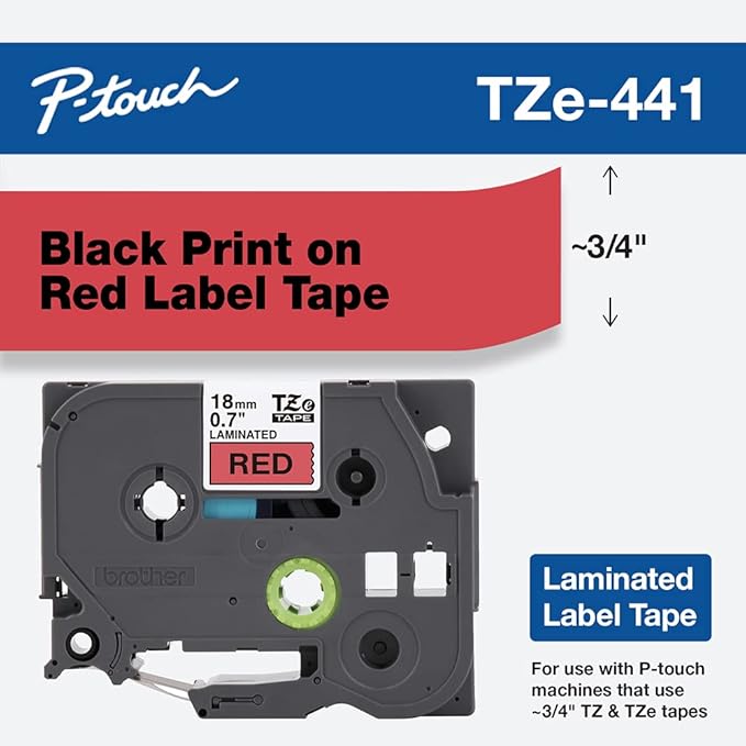 Brother Genuine P-touch TZE-441 Tape, 3/4" (0.7") Wide Standard Laminated Tape, Black on Red, Laminated for Indoor or Outdoor Use, Water-Resistant, 0.7" x 26.2' (18mm x 8M), Single-Pack, TZE441