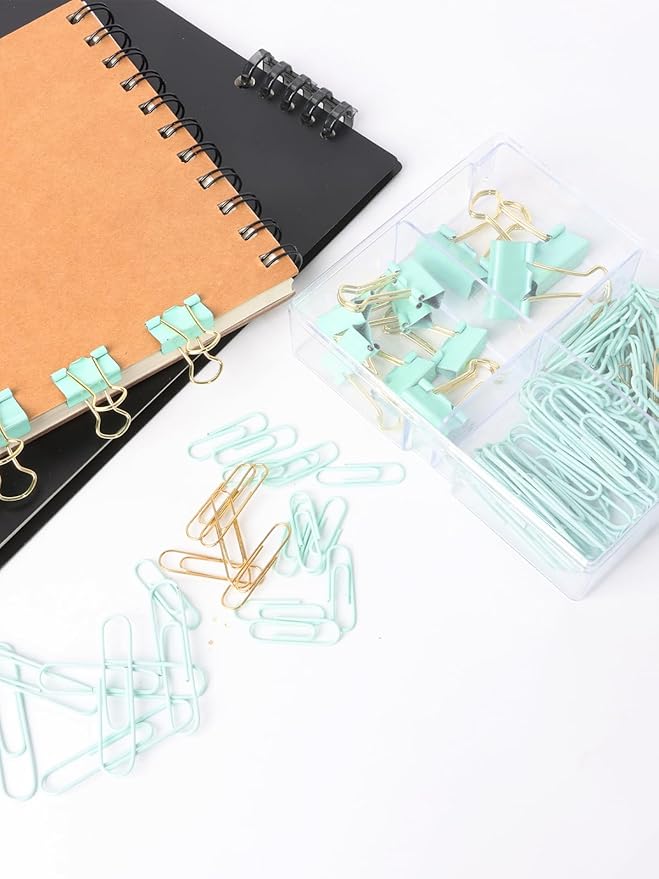 LIONSOUL Paper Clips Binder Clips Assorted Size, 165 Pcs, Cute Paperclips for Document Organizing, Colored Binder Clips Paper Clips Set for Office, School, Home Supplies(Green)
