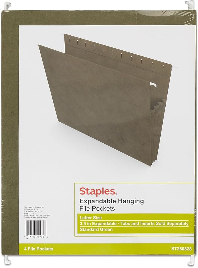 Staples Hanging File Pockets, Letter Size, 3.5" Expansion, Straight‑Cut, Standard Green – 4/Box