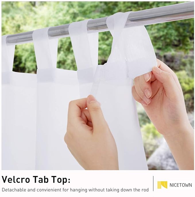 NICETOWN 2 Panels White Sheer Outdoor Curtains for Patio Waterproof, Self Sticky Tab Top Sheer Voile Panels Airy & Breathable Drapes with Light Filtering for Porch/Pool, W100 x L120