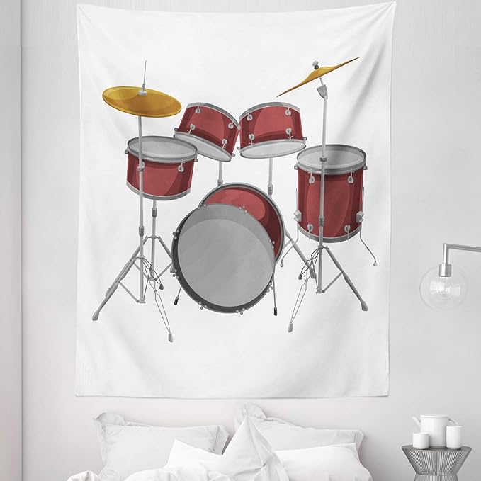 Ambesonne Drums Tapestry Twin Size, Picture of a Drum Kit Percussion Instrument Standing on a Plain Background, Wall Hanging Bedspread Bed Cover Wall Decor, 68" X 88", Pale Maroon and White