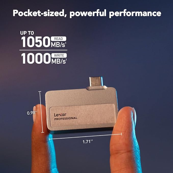 Lexar 1TB Professional Go Portable SSD, Supports Apple 4K 60fps ProRes, Up to 1050MB/s, USB 3.2 Gen 2, Rugged, IP65, Ultracompact, Compatible w/iPhone 15/16 (Not 17), External SSD (LSL400X001T-RNSNU)