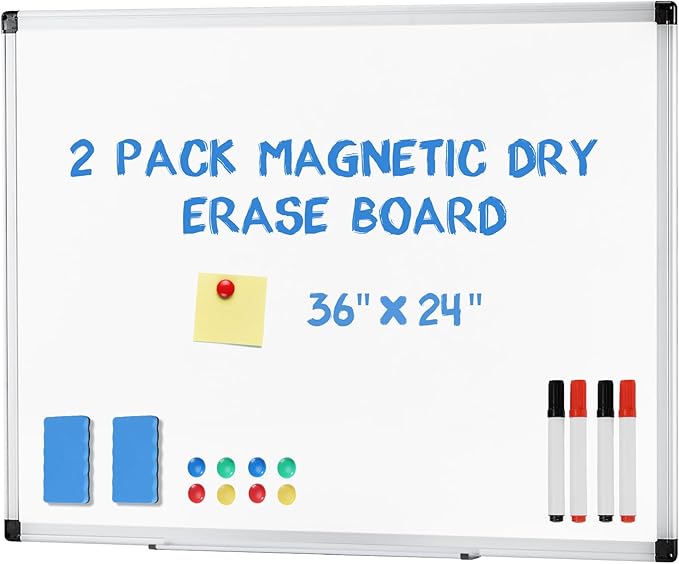 DUMOS Magnetic White Board Kit Set of 2, 36" x 24" Dry Erase Board with 1 Dry Eraser & 2 Multicolor Markers & 4 Magnetic Pins, Silver Reinforced Aluminum Frame for Home, School, Office
