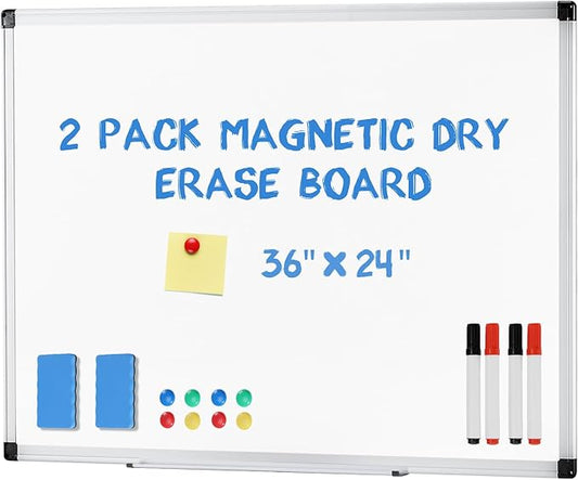 DUMOS Magnetic White Board Kit Set of 2, 36" x 24" Dry Erase Board with 1 Dry Eraser & 2 Multicolor Markers & 4 Magnetic Pins, Silver Reinforced Aluminum Frame for Home, School, Office