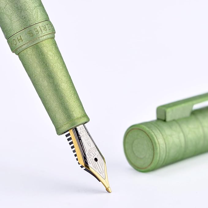 Hongdian 1851 Forest Fountain Pen Applegreen Ice Flowers, Blade Nib Classic Design Calligraphy Pen with Converter and Metal Pen Case