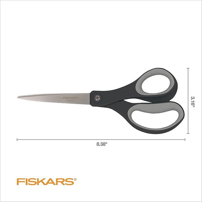 Fiskars 8” Everyday Titanium Comfort Grip Scissors (2-Pack), Home & Office Scissors for Cutting Paper, Cardboard, Photos and More, Gray
