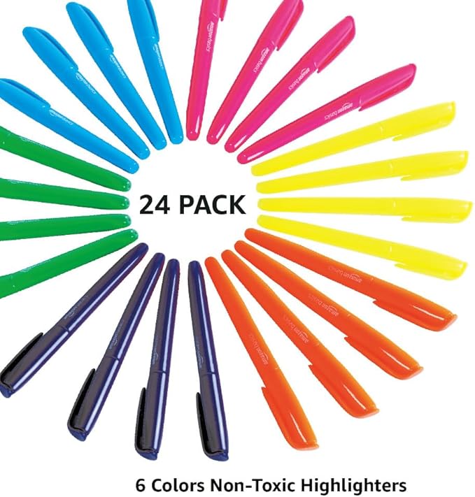 Amazon Basics Chisel Tip Highlighters, Fluorescent Ink, Vibrant Assorted Colors, School Supplies, 24-Pack