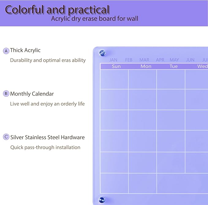 Acrylic Calendar for Wall,15.7''x11.8'',Acrylic Wall Calendar with Dry Erase Surface,Acrylic Monthly Calendar for Wall,Purple Dry Erase Board for Home Office School-PGYL-Pu-3040