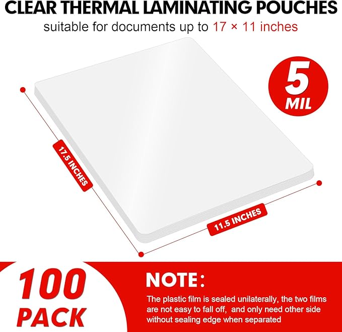 Laminating Sheets, 100 Pack Clear Thermal Laminating Plastic Paper Laminator Sheets, 11 x 17-Inch, 5mil, Ideal Office or School Supplies