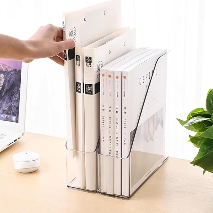 2 Pack Vertical File Holder Clear PET Desk Organizer and Storage Bins Holding for Magazines Binders Notebooks Envelopes File Organizer for Desk Multi-purpose Plastic Document Organizer Work Desktops