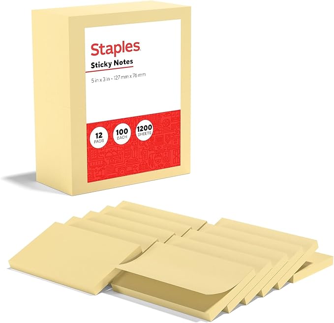 Staples Sticky Notes, 3" x 5", Yellow, Recycled Paper, 1200 Sheets – Eco‑Friendly Self‑Stick Notes for Lists & Reminders