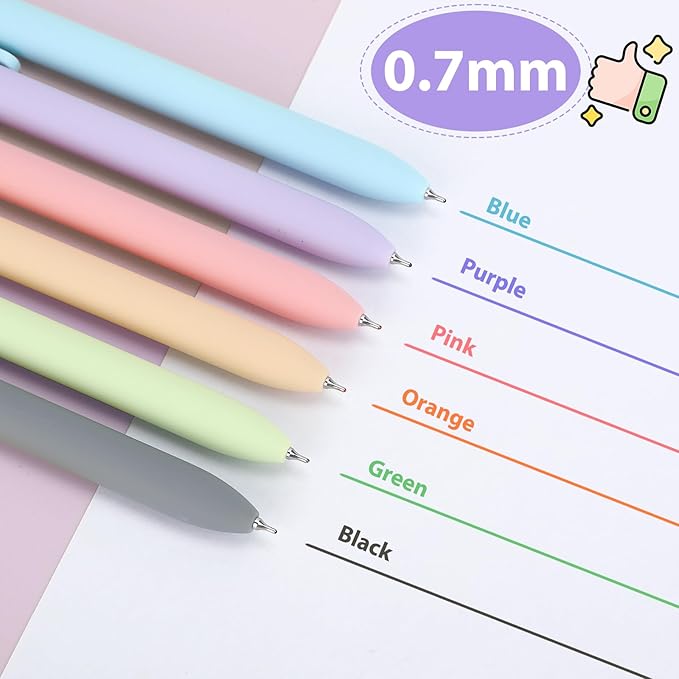 FIOVER Colorful Gel Pens - 6Pcs 0.7mm Multi-Colored Pens, Smooth Writing Coloring Journaling Supplies for Note Taking, Cute Aesthetic Office School Supplies(6Pcs-Morandi Colorful)