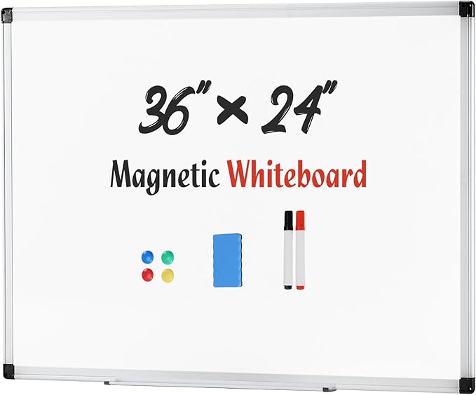 NEWBULIG Magnetic Dry Erase Whiteboard, 36" x 24" Large White Board with Silver Aluminum Frame for Wall with 1 Dry Eraser & 2 Multicolor Markers & 4 Magnetic Pins for Office, Home, School