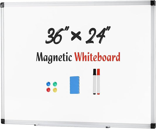 NEWBULIG Magnetic Dry Erase Whiteboard, 36" x 24" Large White Board with Silver Aluminum Frame for Wall with 1 Dry Eraser & 2 Multicolor Markers & 4 Magnetic Pins for Office, Home, School