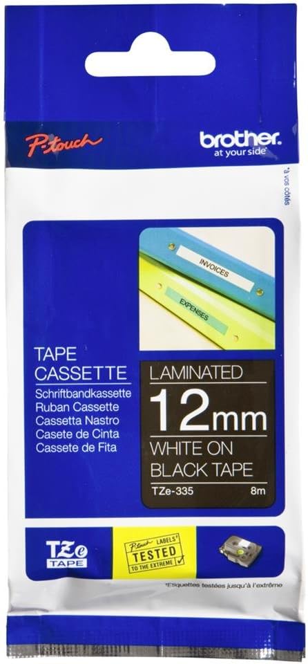 Brother Genuine P-touch 2-Pack TZe-335 Laminated Tape, White Print on Black Standard Adhesive Laminated Tape for P-touch Label Makers, Each Roll is 0.47"/12mm (1/2") Wide, 26.2 ft. (8M) Long