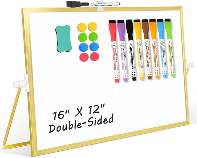 Magnetic Dry Erase White Board, 16" x 12" Double-Sided Golden Aluminum Frame Desktop Whiteboard with Stand, Portable Small Whiteboard Set for Drawing, Office, Home