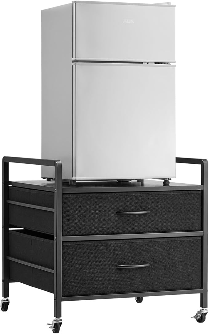 VEVOR Mini Fridge Stand with Storage, 176 lb-Capacity Mini Fridge Table with 2 Drawers & 4 Swivel Wheels, Mobile Mini Fridge Shelf, Black Mini Fridge Organizer for Dorm, Apartment, Office, Bedroom