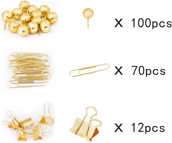 Gold Binder Paper Clips Set,182pcs Large Paper Clips,Binder Clips,Push pins, Office Supplies Clips for Women,Desk Accessory