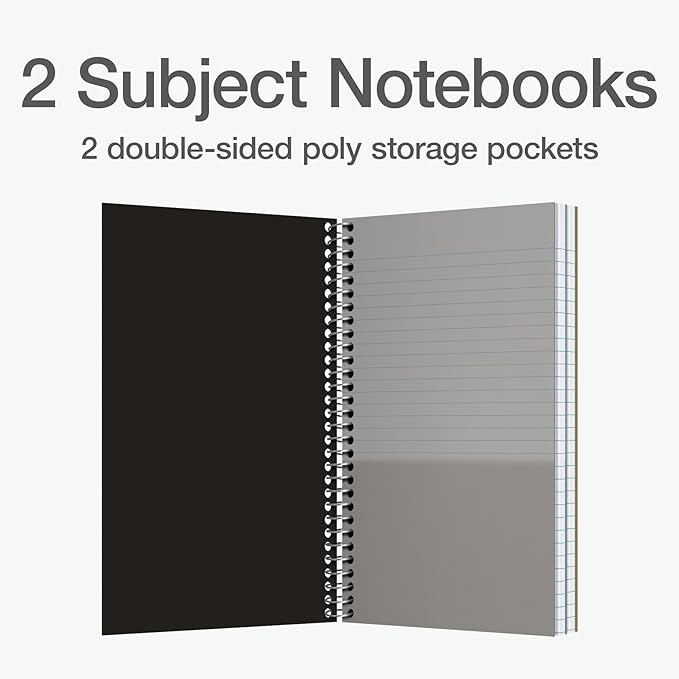 Oxford Two Subject Notebooks College Ruled, Spiral Notebook 6x9 1/2" 100 Sheets, 3 Pack of College Ruled Notebook With Pockets, Poly Cover, Red, White, and Black