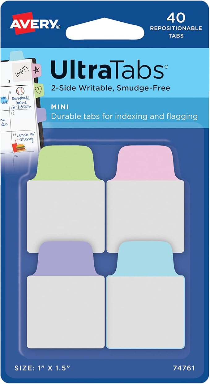 Avery Mini Ultra Tabs, 1" x 1.5", 2-Side Writable, Pastel Colors, 40 Repositionable Tabs, 72 Packs (74761)
