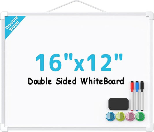 MaxGear Double-Sided Dry Erase Board for Wall, 16"x12" Hanging Whiteboard, Small Dry Erase White Board with 3 Markers and 4 Magnets, Portable Whiteboard for Planning, Drawing, Memo, to Do List