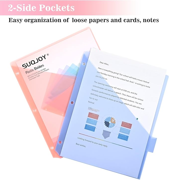 8-Tab Dividers for 3 Ring Binder, 48 Count Binder Dividers with Pockets, Subject Dividers, 3-Hole Plastics Sheets Protectors for US Letter Size in 0.5", 1",2" Binders, Vibrant 8 Color, 6 Packs