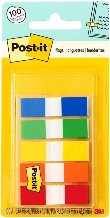 Post-it Flags in Portable Dispenser, 100 Flags/Pack, .47 in x 1.7 in, 20 Each of Red, Bright Orange, Yellow, Green, and Blue (683-5CF) - 2 Pack
