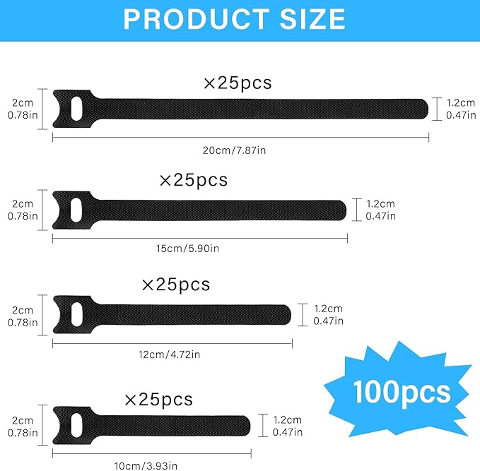 100pcs Reusable Cable Ties - Hook and Loop Cable Straps for Wire Management - Adjustable Cord Organizer & Wire Ties for Electronics, Home, Office & Desk - 4 Sizes (8/6/5/4 Inch)