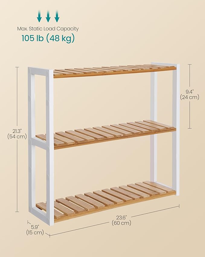 SONGMICS Bamboo Bathroom Shelf, 3-Tier Adjustable Plants Rack, Wall-Mounted or Stand, in The Living Room, Balcony, Kitchen, 5.9 x 23.6 x 21.3 Inches, Natural and Cloud White UBCB13WN