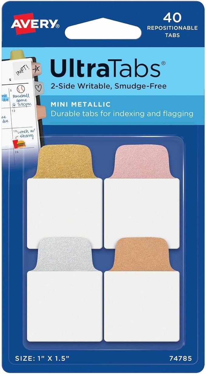 Avery 74785 Ultra Tabs Repositionable Tabs, 1 x 1.5, Assorted Metallic, 40/PK