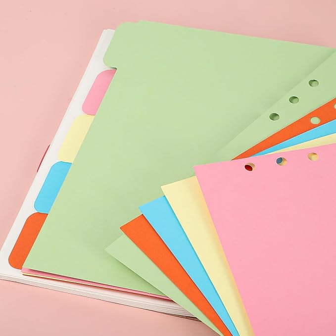 4 Pcs A5 Binder Dividers with 20 Tabs, Paper Index Divider, 6 Ring A5 Planner Inserts, Vertical Tabs Page, Index Divider for Notebook, Journal, Planner, Work Organization (5 Colors, 8.3 x 5.9 Inch)