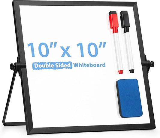 ARCOBIS Small WhiteBoard with Stand 10" X 10", Magnetic Double-Sided Dry Erase White Board Easel for Desk Students Home Office,Black