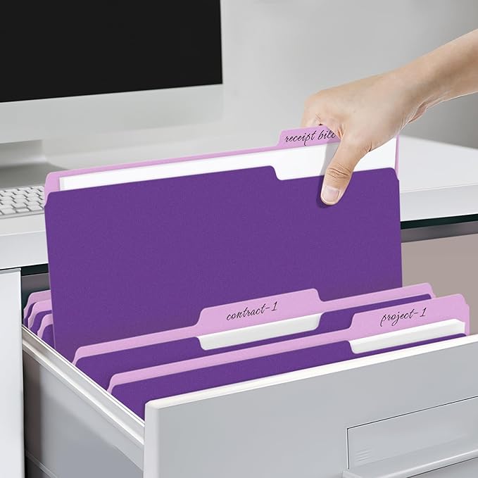 SUNEE File Folders, 18 Pack Manilla Folders 8.5 x 11, 1/3 Cut Tab for Easy Labeling and Organization, Durable Standard Paper for Home, Office, School Filing, Purple
