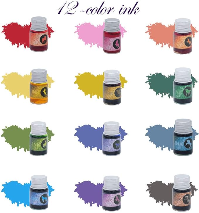 mancola Glass Dipped Pen Ink Set Handmade Crystal Calligraphy Pen with 12 Colorful india ink for Art, Signatures, Drawing, Decoration, Calligraphy Kits for Beginners Ma-13