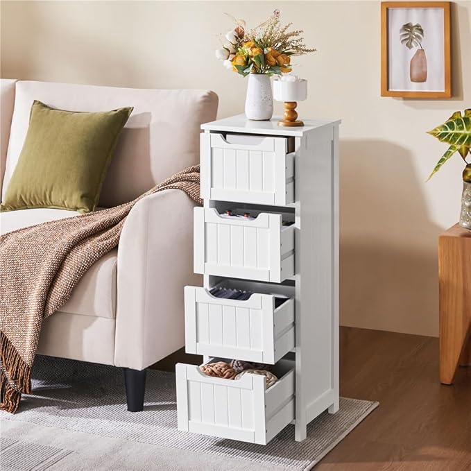 Yaheetech Bathroom Floor Cabinet, Wooden Side Storage Organizer, 4 Drawers Free-Standing Cabinet for Bathroom/Hallway/Living Room, White