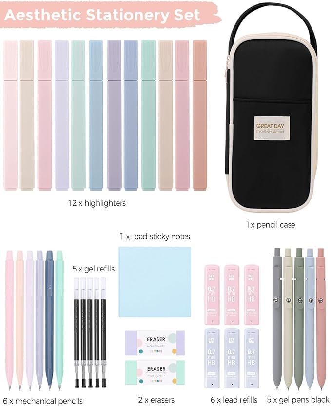 SKYDUE Cute School Supplies 38 PCS, Pencil Case with 12 Pastel Highlighters, 5 Black Gel Pens, Mechanical Pencils, College Essentials Students Stationary Set Black