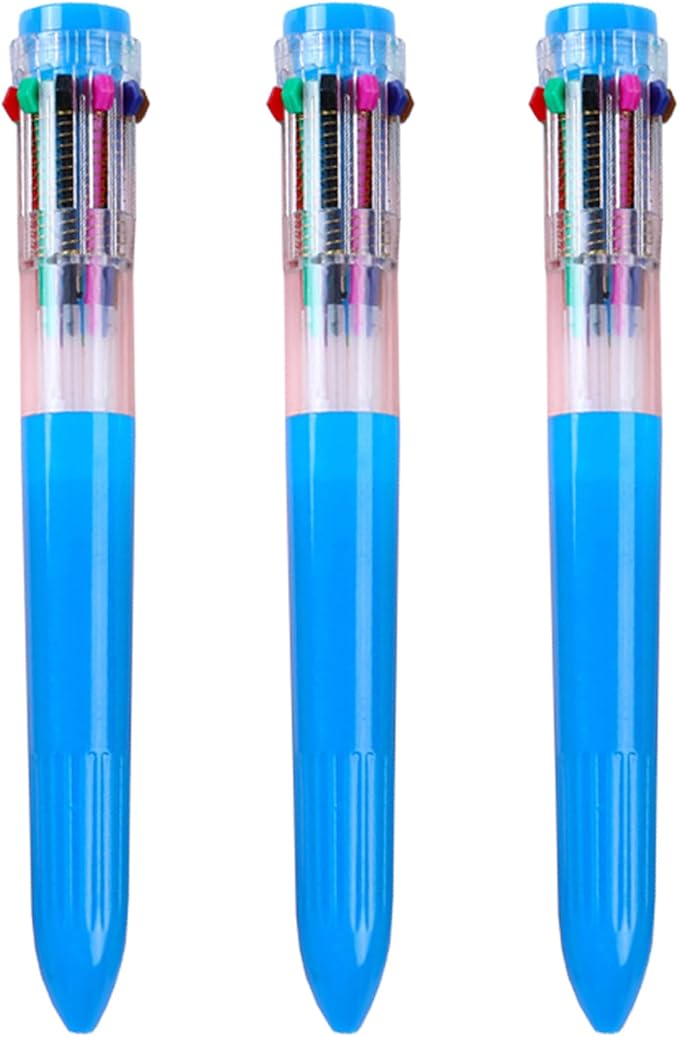 HeTaoCat Multicolor Pens 3 Pack 0.5mm 10-in-1 Retractable Ballpoint Pens - 10 Colors Transparent Barrel Ballpoint Pen for Office Supplies (Blue)