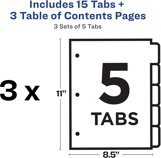 Avery Dividers for 3 Ring Binders, 5 Tabs per Set, Customizable Table of Contents, Classic White Tabs, Great for Organizing Reports, Projects, and More (3 Sets of 11075)
