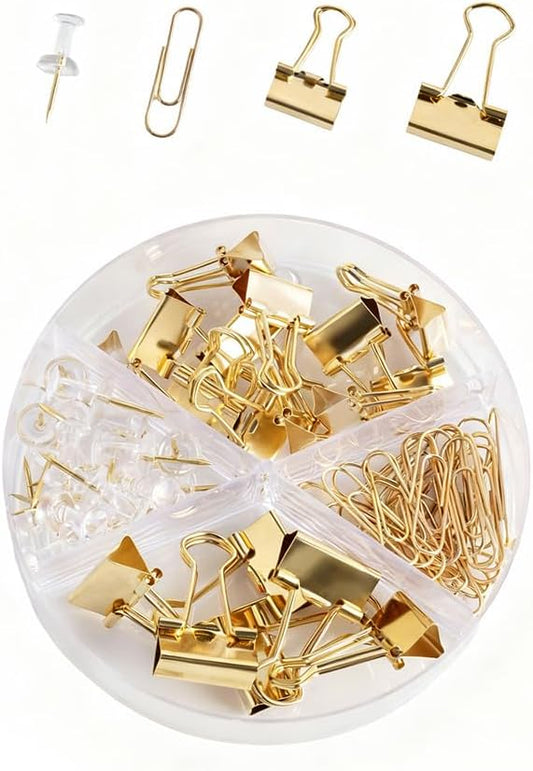 Cute Office Supplies Gold, Paper Clips, Binder Clips and Push Pins Set, Paper Organizer Clips with Storage Box