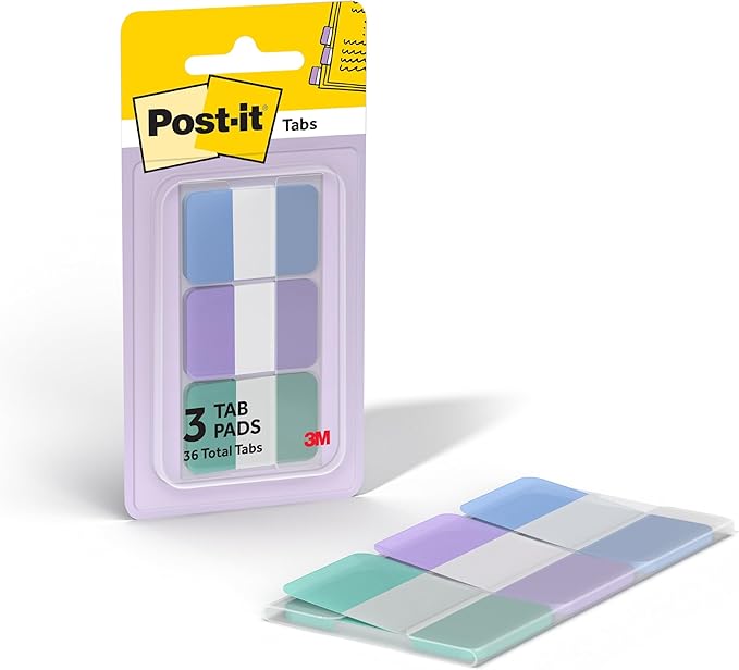 Post-it Sticky Tabs, 1 in. x 1.5 in., 3 Pads of Book Tabs in Assorted Cool Pastel Colors for Bookmarking, Annotating, Reading, and Reminders, Blue, Purple, and Green Colors (36 Total Count)