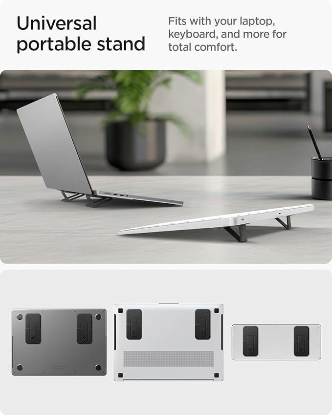 Spigen Slim Fold Adhesive Laptop Stand 2 Piece Foldable Portable Dual Ergonomic Angle Adjustment Lift Anti-Slip Compatible with MacBook Pro, MacBook Air 11"-16" and More - Black (LD201-S2)