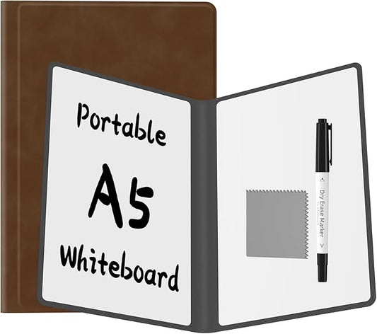 Portable Dry Erase Board,Reusable Whiteboard Notebook, Double-Sided White Board PU Cover 9.5"x6.6" with Marker,Wipe Cloth (Brown)