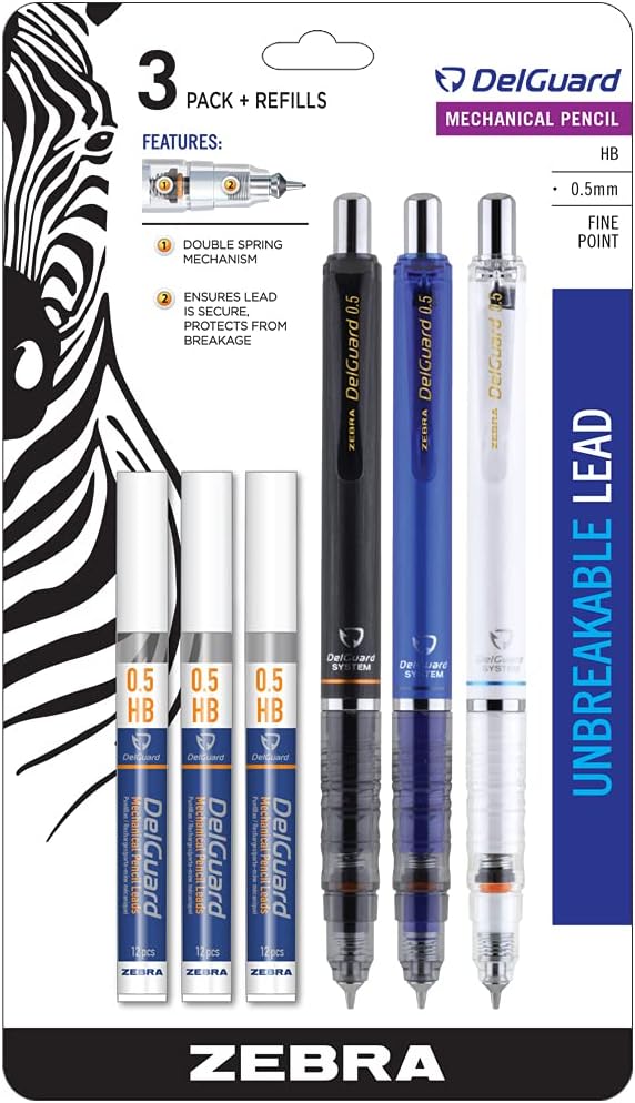 Zebra Pen DelGuard Mechanical Pencil 0.5mm, Black Ink, Black, Blue & White Barrel, Resists Lead Breaking, Double Spring Protection, Built-In Eraser, 3-Pack with Refills, Clip for Easy Carrying (58603)