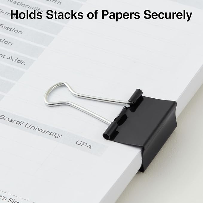 Staples Binder Clips - Black Steel, 0.63" Capacity, Small Office Paper Clips, Pack of 144