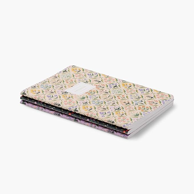 RIFLE PAPER CO. Estee Stitched Notebook Set, 8.5" L x 6" W, Set Of 3, 64 Ruled Pages With Gold Ink, Full-Color Canvas Cover With White Text Paper Interior