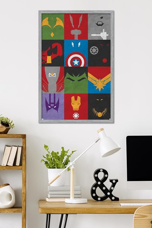 Marvel Comics Avengers - Minimalist Grid Wall Poster, 34L" x 22.4W", Gray Framed Version
