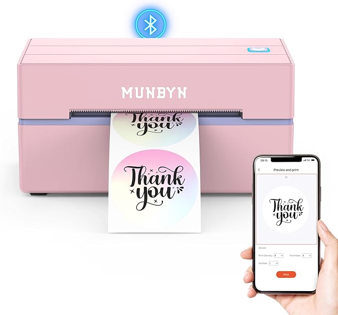MUNBYN 130B Bluetooth Thermal Label Printer+2.25"x1.25" Pink Thermal Labels+Label Holder for Rolls and Fanfold Labels
