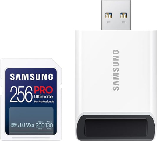 Samsung PRO Ultimate Full Size Memory Card+USBReader, 256GB SDXC, Up to 200 MB/s, 4K UHD, UHS-I, C10, U3, V30, A2 for DSLR, Mirrorless Cameras, PCs, MB-SY256SB/AM