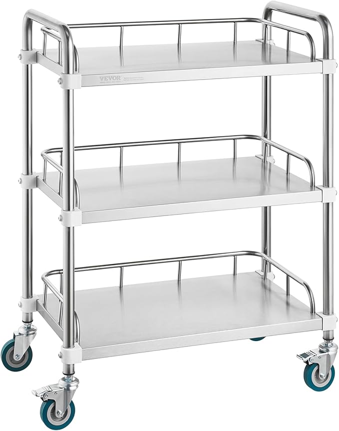 VEVOR Lab Rolling Cart, 3-Shelf Stainless Steel Rolling Cart, Lab Serving Cart with Swivel Casters, Dental Utility Cart for Clinic, Lab, Hospital, Salon, 26.38"x15.55"x34.13"